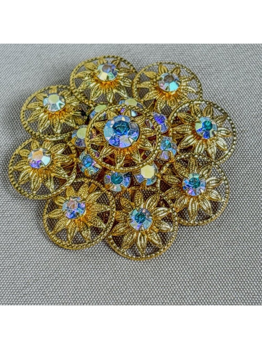 Vtg Art Deco Revival Gold Tone Rhinestone Aurora Borealis Floral Brooch B90